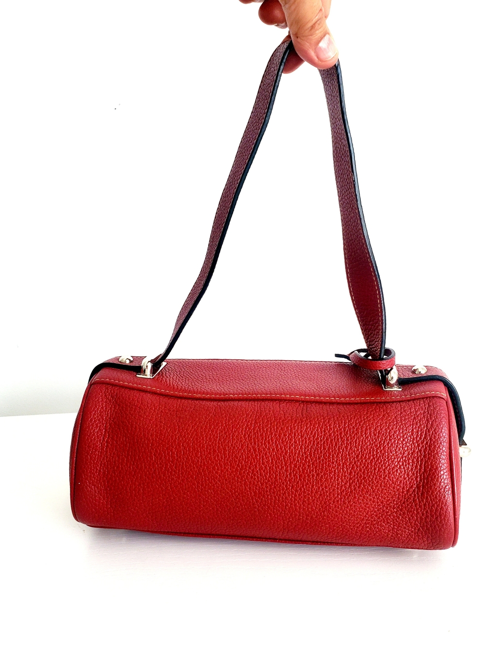 Red Pebbled Leather Mini Barrel Crossbody Bag - Picture 4 of 5